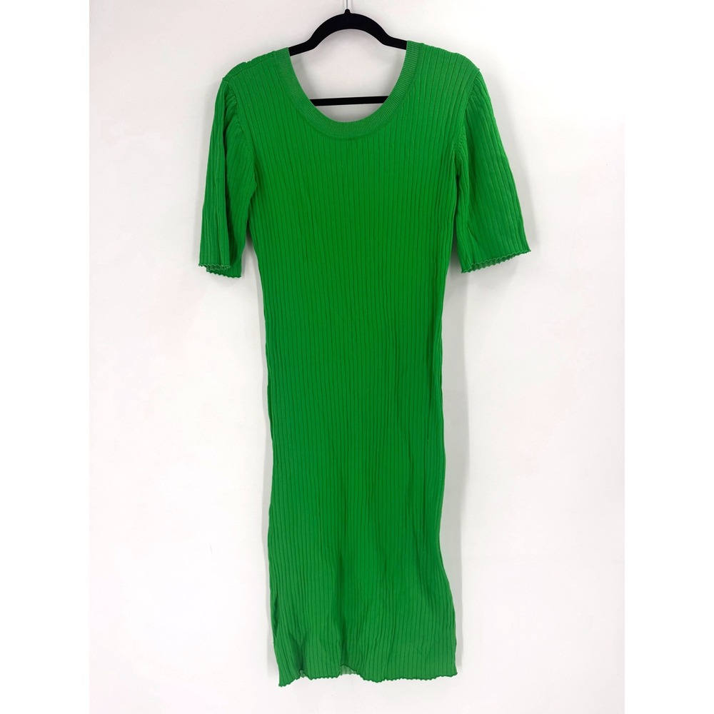 JUST FEMALE Fresh Dress Womens L Kelly Green Ribbed Knit Midi Scandi Bright - Picture 2 of 10